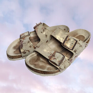 Birkenstock Arizona Rose Gold Copper Metallic Shimmer Slip On Buckle Sandal 7